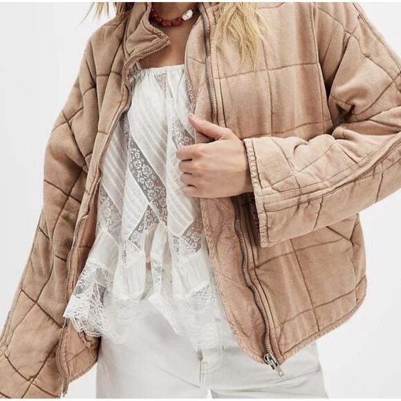 Free People Dolman Quilted Knit Jacket Oversized Zip-up Champange Diamonds Small - Picture 3 of 12